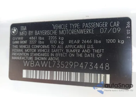 2009 BMW 335I из США, поврежденный, VIN WBAWL73529P473448